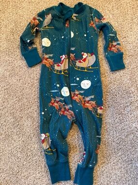 Hanna Andersson Teal Santa Sleigh Print One-Piece Footie Pajamas